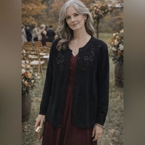 Black Embroidered Beaded 3D Floral Women Large cardigan Lambswool Rabbit Hair